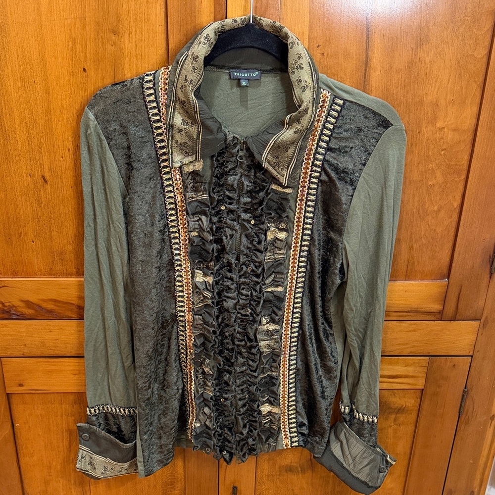 Tricotto Olive Green Velvet/Cotton Ruffled Zip-up with Beautiful Embellishments